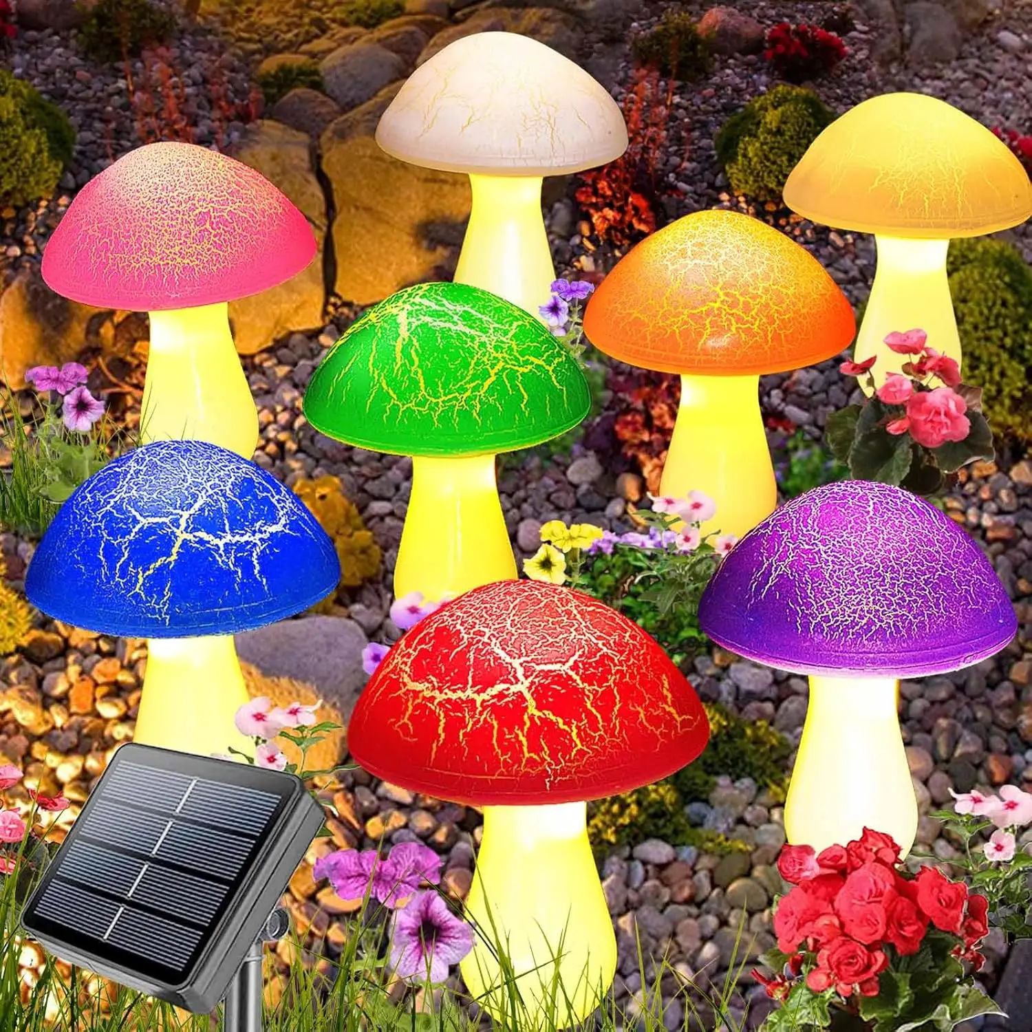 

8 in 1 Mushroom Solar Lights Outdoor Garden Solar Cracked Mushrooms Light for Outside Back Yard Lawn Flowerbed Gnome Decor