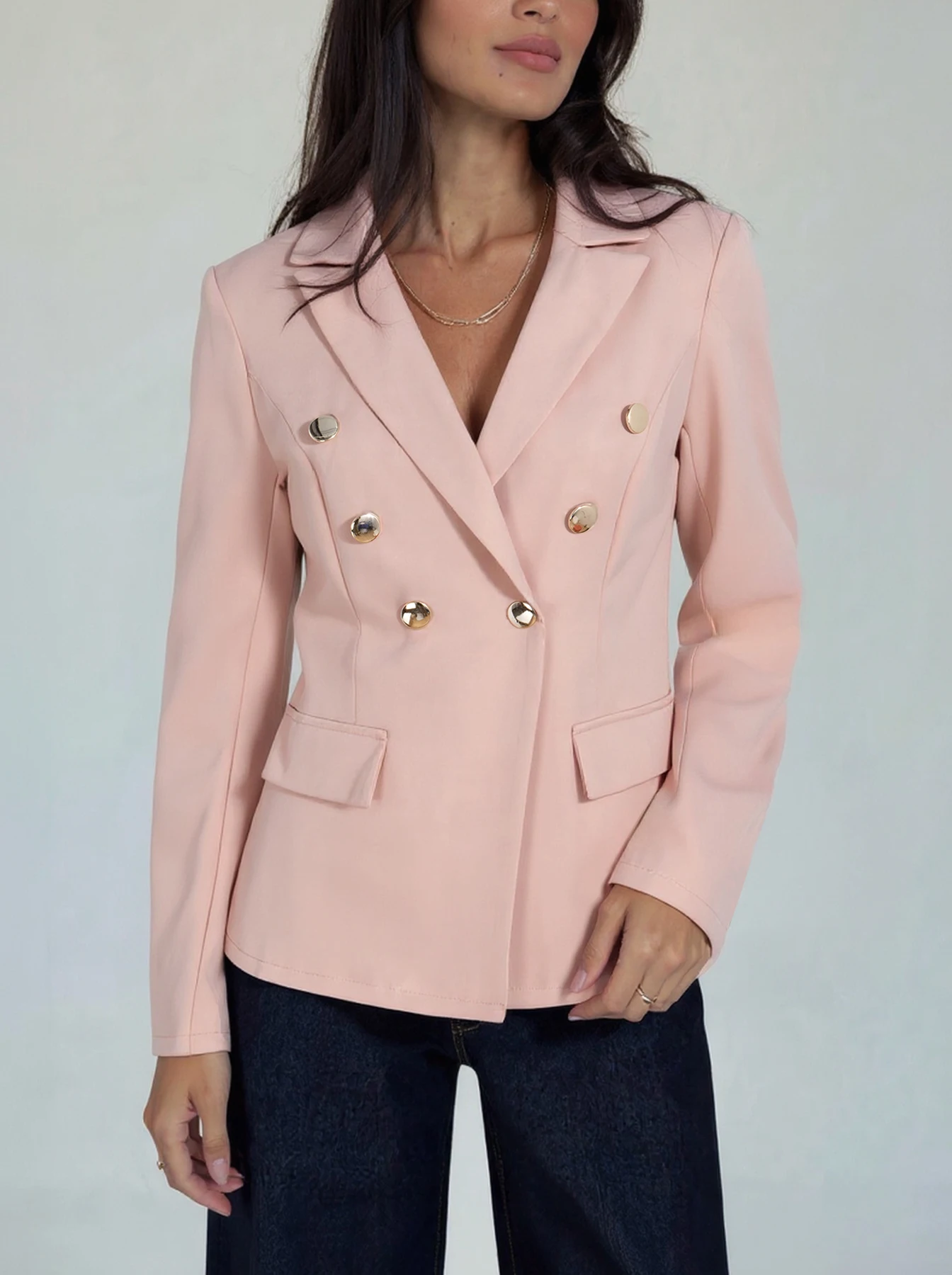 Pink Women Double Breasted Blazer Notched Lapel Gold Button Slim Fit Pocket Long Sleeve Office Business Suit Jacket
