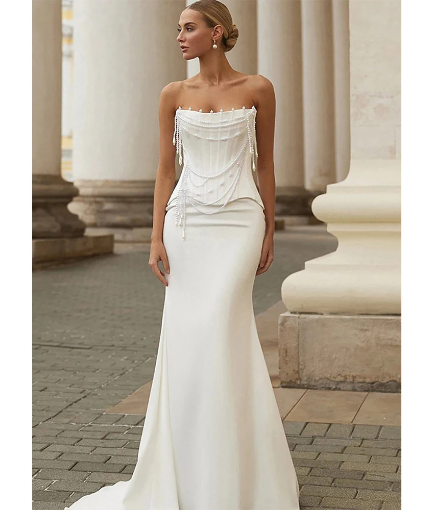 

Lzhk Customized Graceful Jersey Mermaid Pearls Beading Evening Dress Fashion Strapless Sleeveless Women Wedding Gowns.