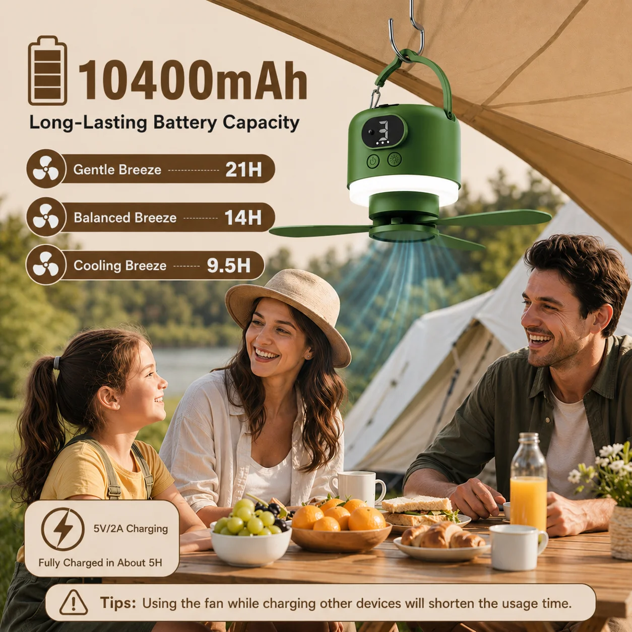 10400mAh outdoor camping tent can be hooked with LED lights regularly, which is convenient for carrying ceiling fan camping fan.