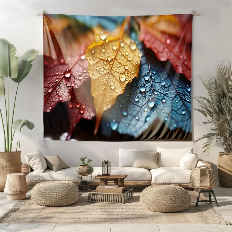 Autumn Leaves Water Drops Wall Tapestry Nature Photography Art Decor for Cozy Home