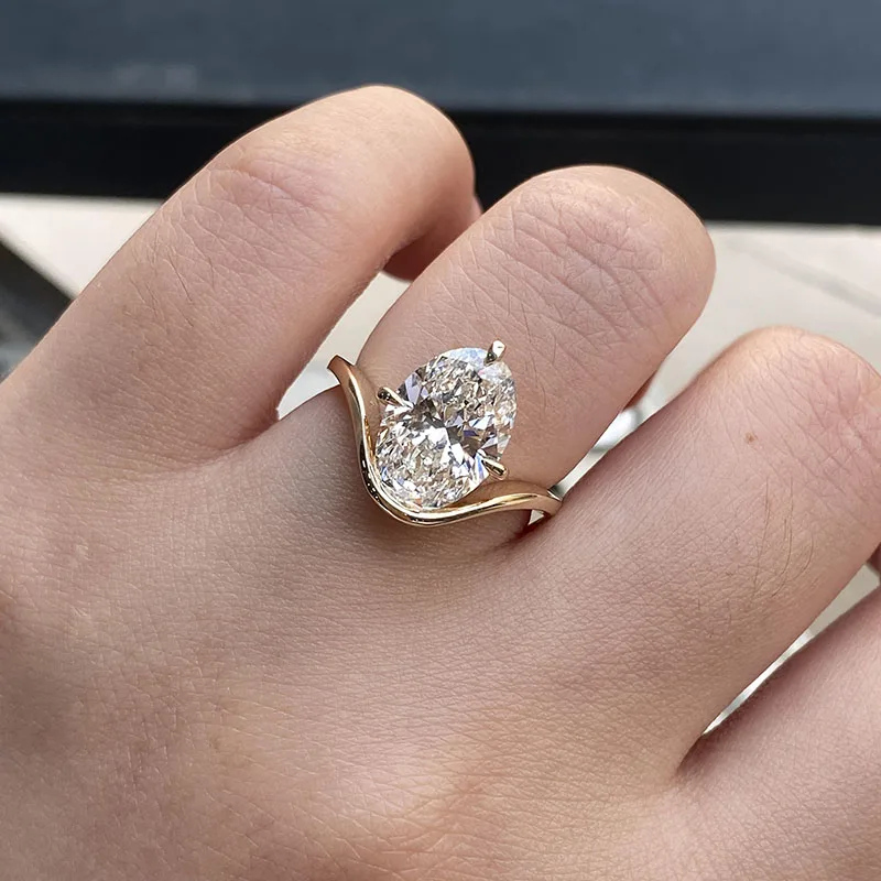 14K Yellow Gold 3CT Oval Cut DEF-VS VVS Lab Grown Diamond Solitaire Ring IGI Certified Twist Shank Elegant Women Engagement Ring