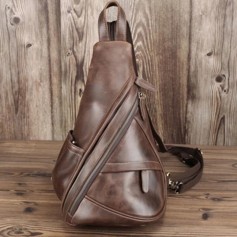 Imagem -05 - Mochila Triangular de Couro Genuíno para Homens e Mulheres Malas de Viagem Casuais Exclusivas para Ipad Pequenos Bolsas Portáteis para Homem e Mulher