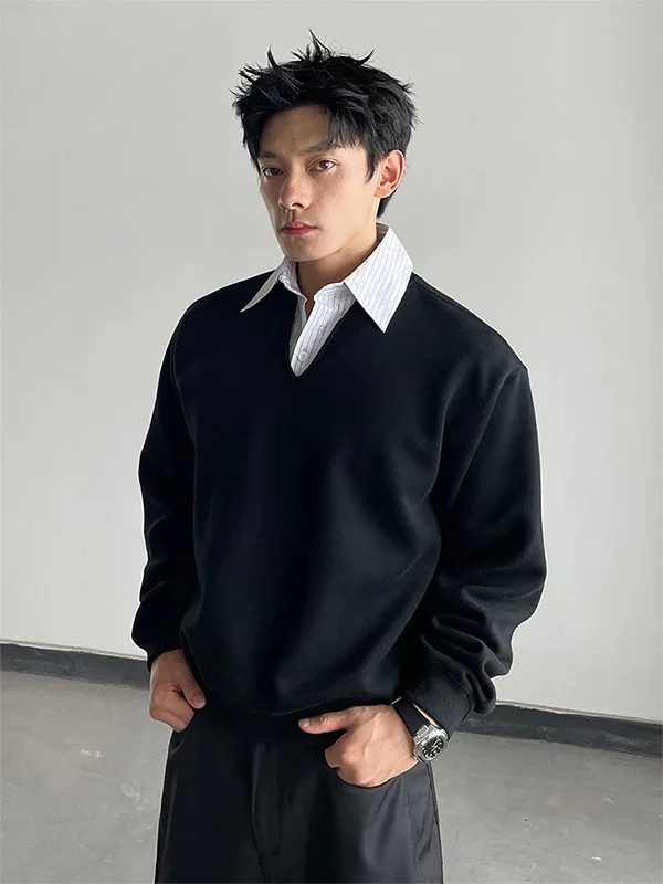 

Мужская толстовка с длинным рукавом, воротником и вставками в стиле пэчворк, имитация двухслойности, в полоску, для повседневной носки, в университетском стиле, универсальная, удобная, стильная.