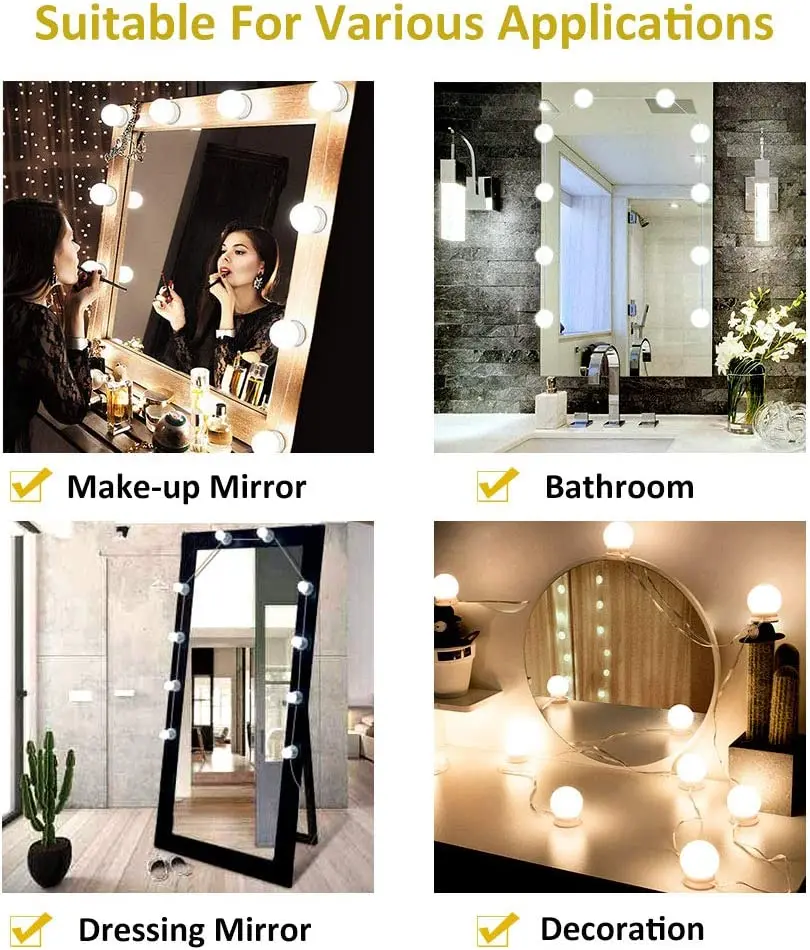 Vanity Mirror Lights Adjustable Color Brightness 10LED Light Bulbs Lighting Makeup Table Set Dressing Table Bathroom USB Light
