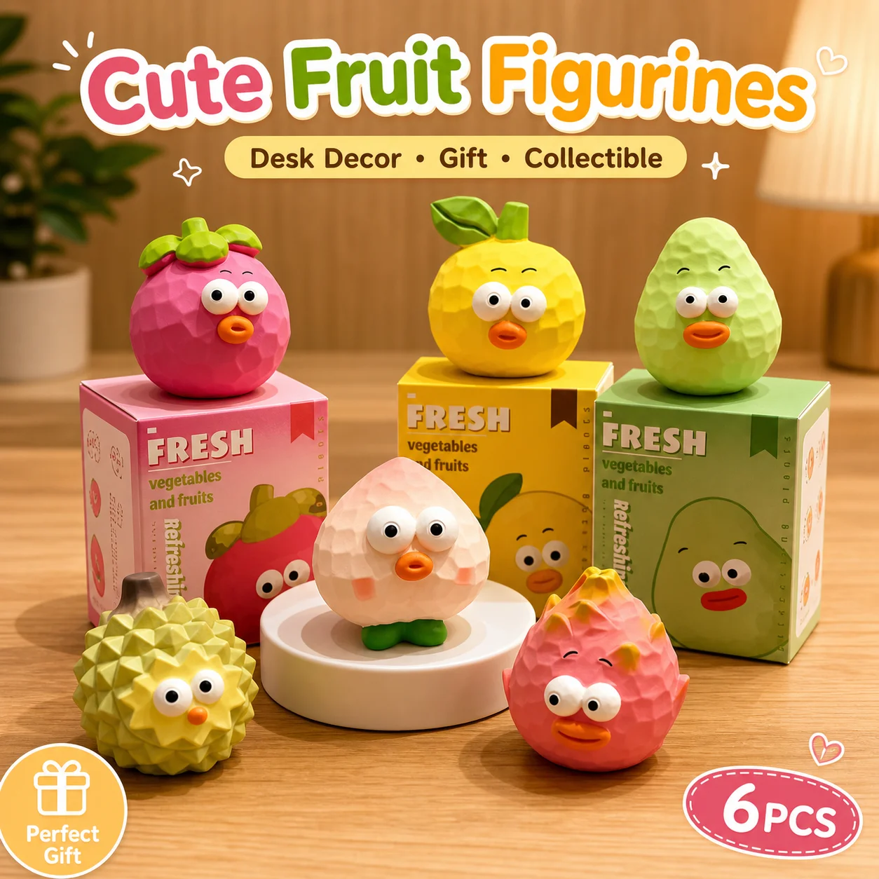 6 Pcs Wood‑Carving Style Fruit And Vegetable Series Resin Ornaments Funny Bulging‑Eye Peach Mangosteen Home Desk Decor Gift