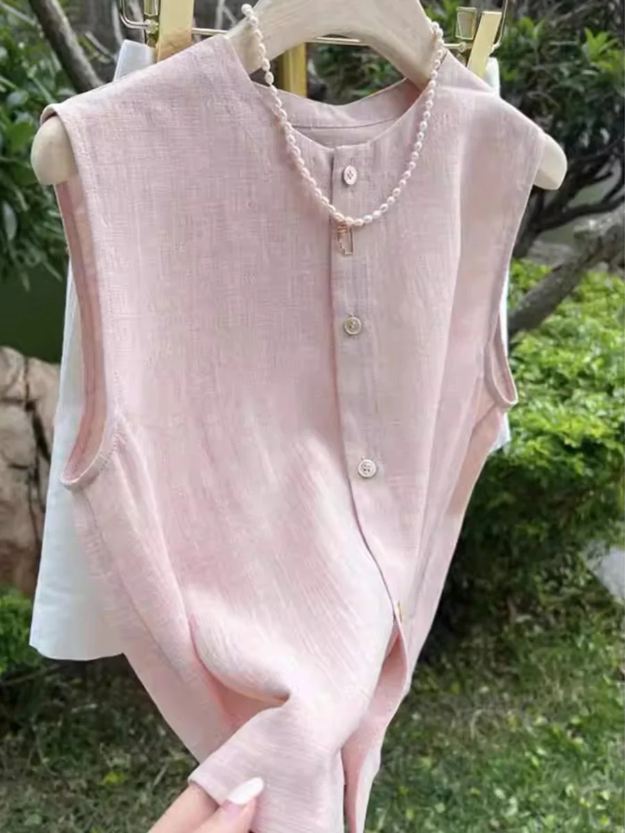 

Светло-розовый хлопковый льняной жилет Svel irt, женский свободный крой, летняя новинка, корейская версия Agel Match, топ для всех поездок на работу