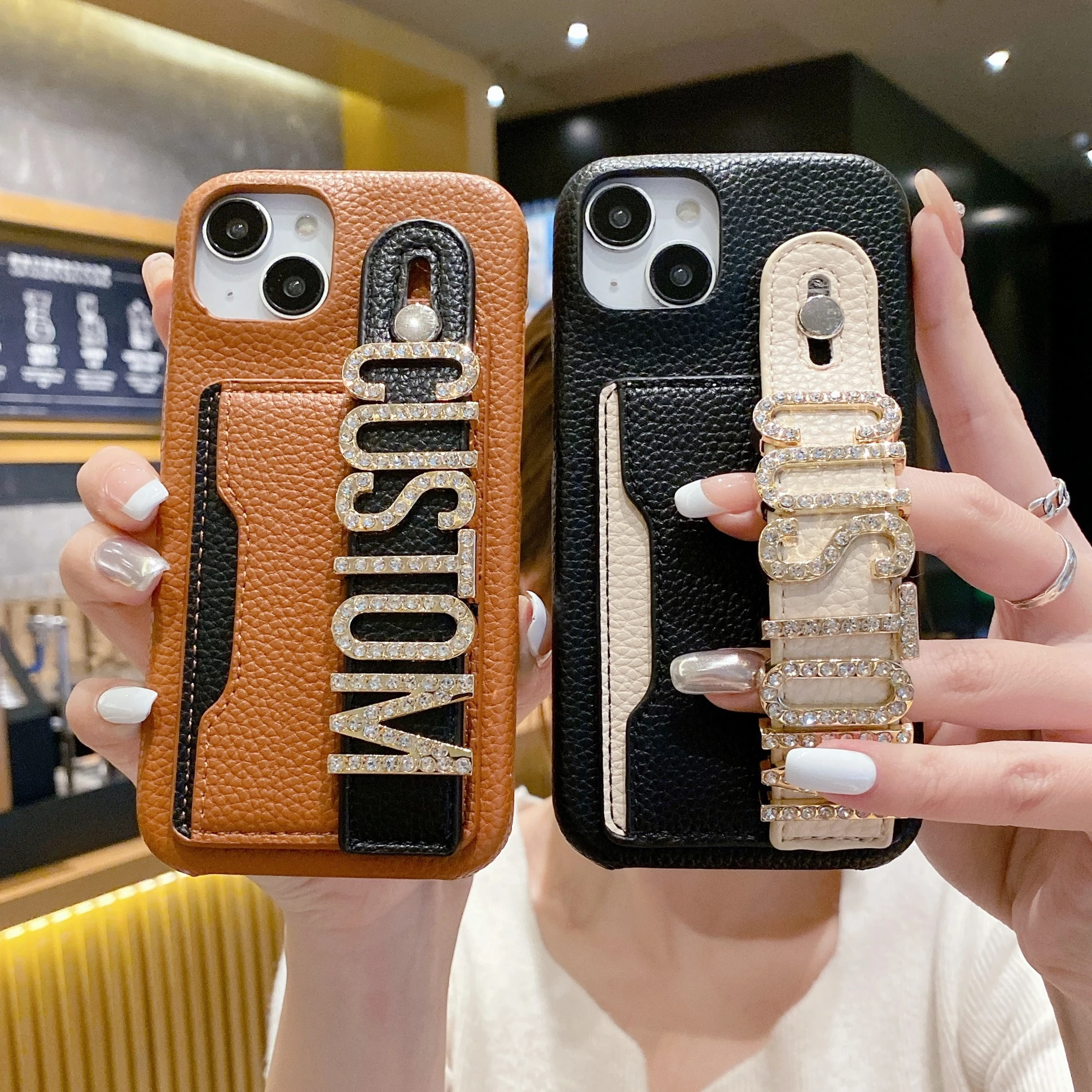 Personalized Letter Name Leather Phone Case For iPhone16 15 14 13 12 11ProMax 16Plus Customized Wristband CardHolder