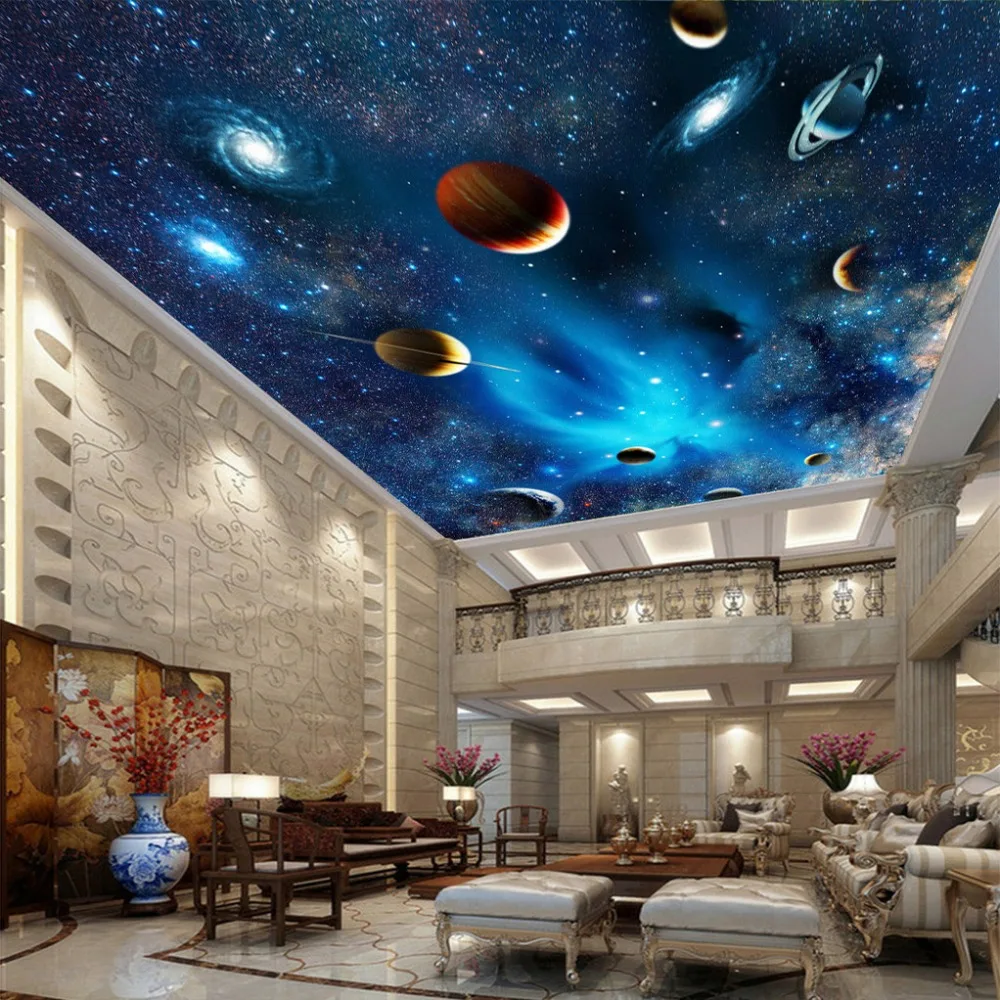 Custom Any Size 3D Wall Mural Wallpaper For Living Room Bedroom Ceiling Wallpaper Wall Decor Universe Planet Star Ceiling Fresco