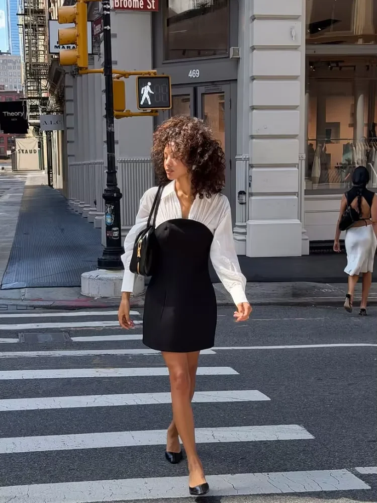 Women's Color-block Mini Dress Lapel Waist-cinching Full Sleeve High Waist Slim Fit Short Dresses Elegant Lady Party Robes