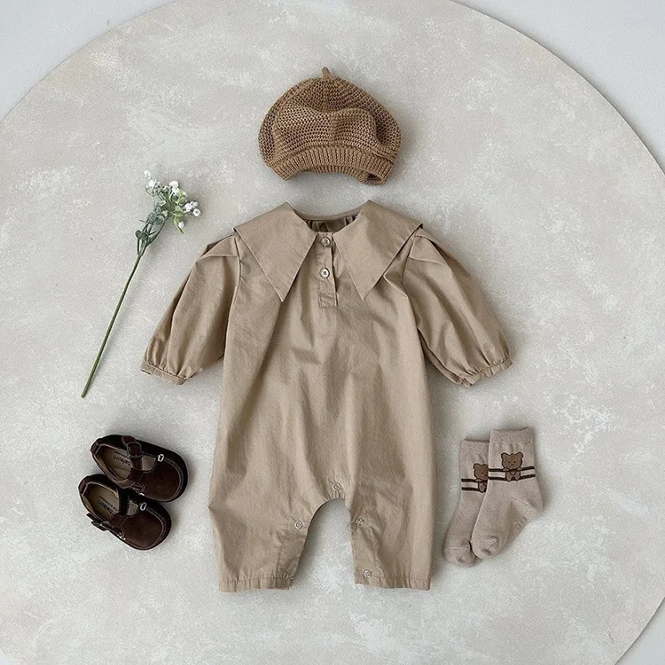 2024 Autumn Newborn Baby Boy Fashion Turn-down Collar Full Sleeves Comfortable Jumpsuit Girl Solid Cotton Romper One Piece