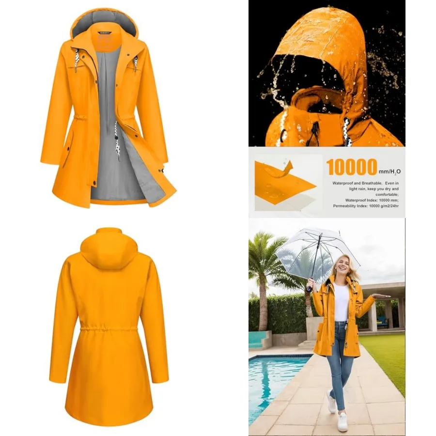 Rain Jacket Women Waterproof Long Lightweight Raincoat Hooded Windbreaker Outdoor Trench Coat S-3XL