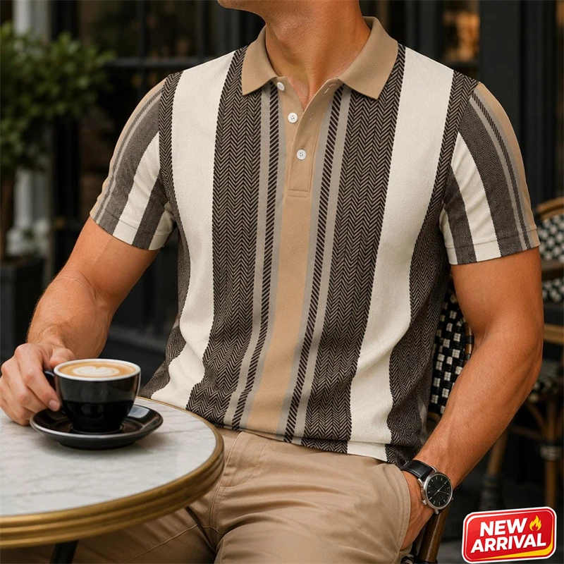 Men Vintage Stripe Graphic Polo Shirt Handsome Business Casual Lapel Button Tee Daily Streetwear Trend Comfortable Short Sleeve
