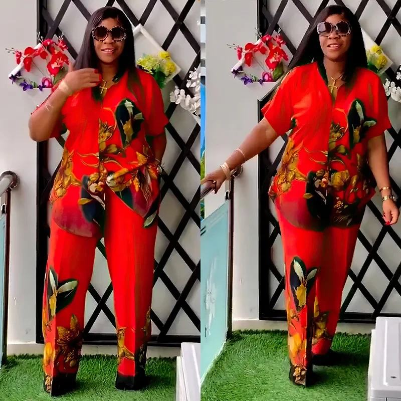 2PCS African Print Matching Sets for Women Satin Tops Pants Summer Blouse Trousers Suit Africa Clothing Outfits Ankara Dashiki