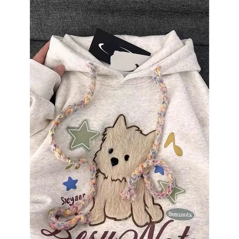 

American lazy chic rainbow puppy hooded plus velvet sweatshirt for women autumn and winter new Korean style loose bf all match