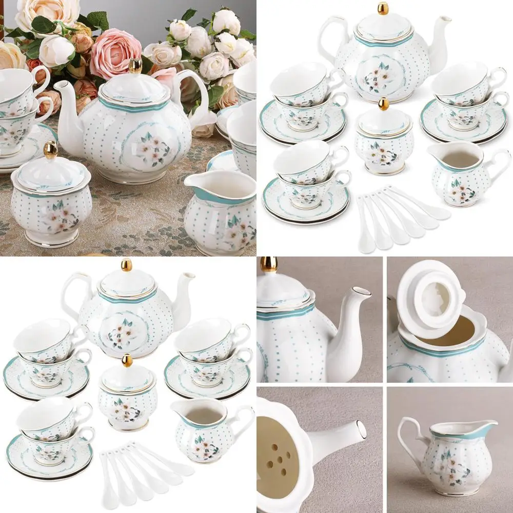 

Винтажный фарфоровый чайный сервиз с белыми камелиями и узором в горошек, 21 предмет, в королевском стиле с золотой отделкой, на 6 персон