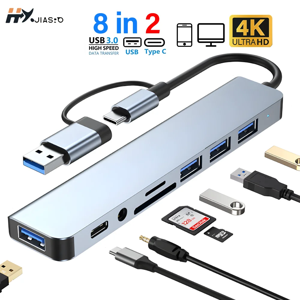 Hub USB 8 en 2, Station d'accueil USB C, adaptateur Type-C vers HDMI 4K60Hz, USB 3.0 5Gbps, RJ45 1000Mbps, séparateur avec SD/TF pour ordinateur portable