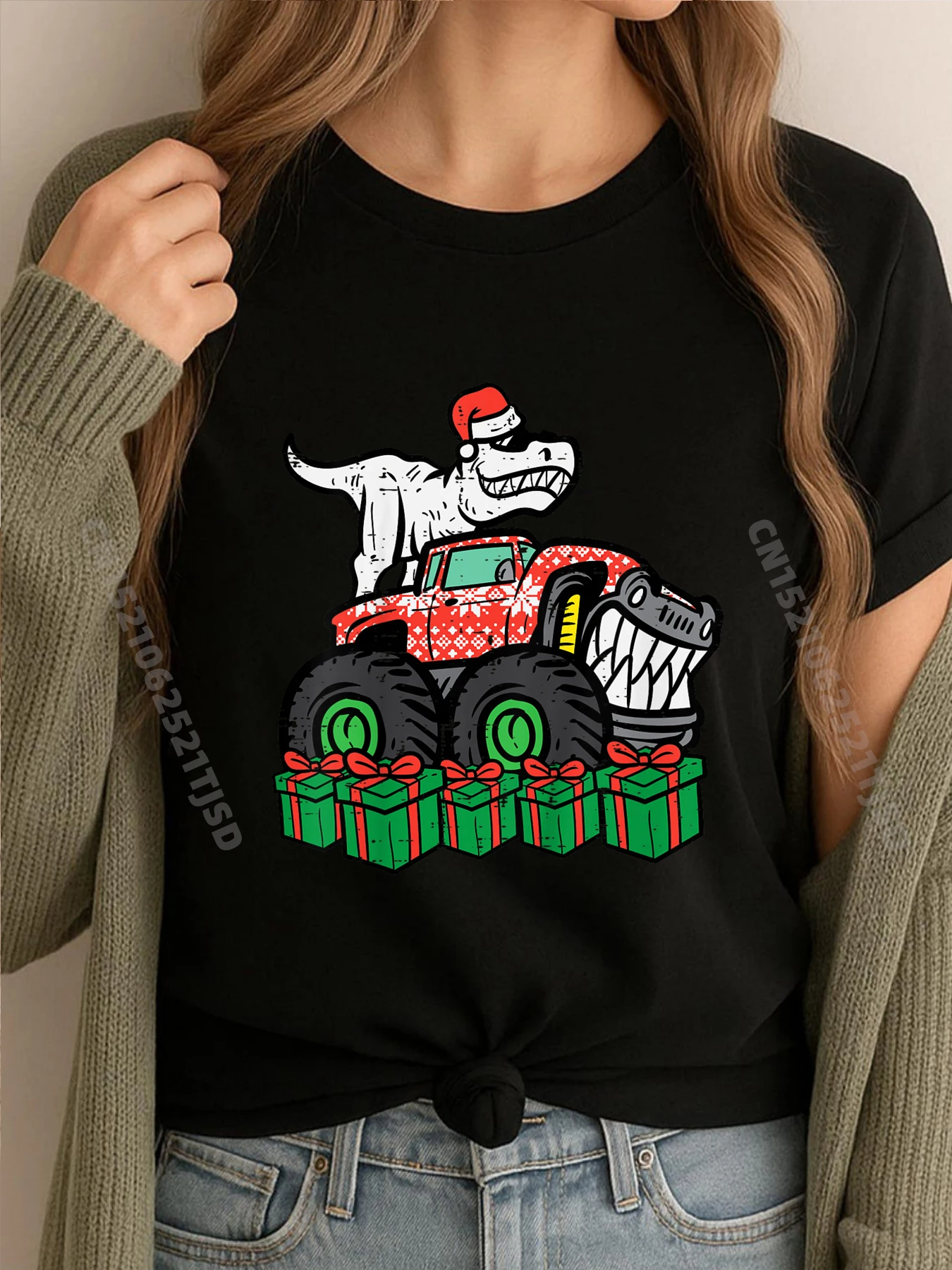 

Детские рождественские забавные футболки с динозавром Monster Truck Xmas Trex для малышей, рождественские футболки