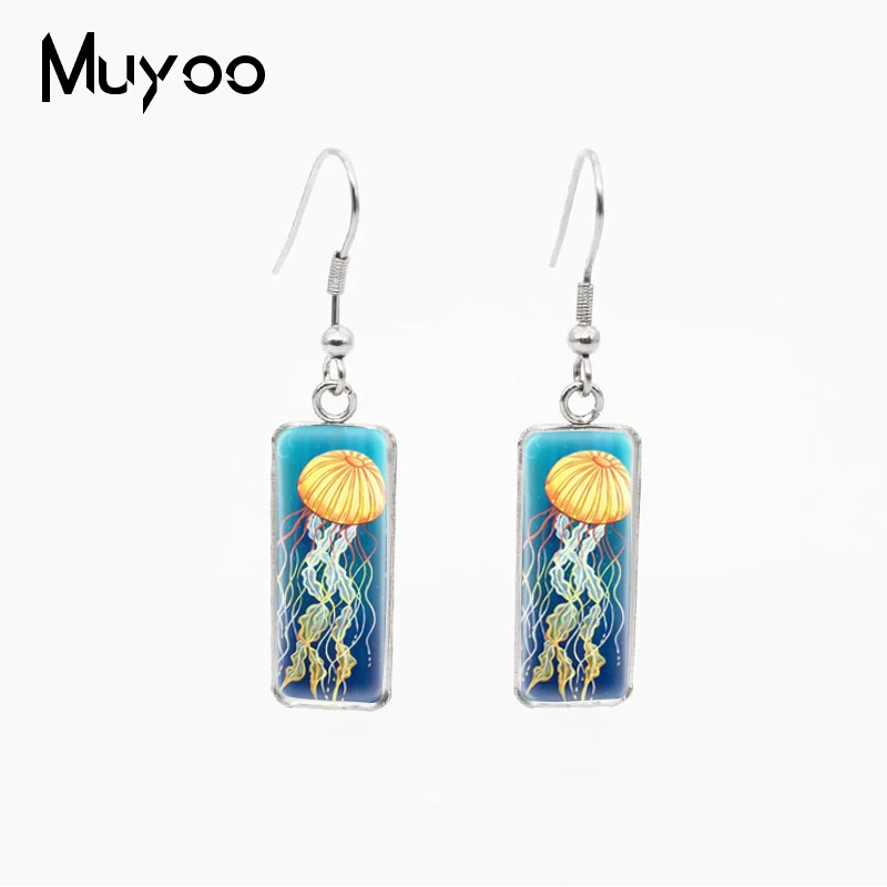 Beauty Colorful Jellyfish in the Ocean Gorgeous Marine Llife Jellyfish Rectangle Fish Hook Earrings Handcraft Jewelry Dangles