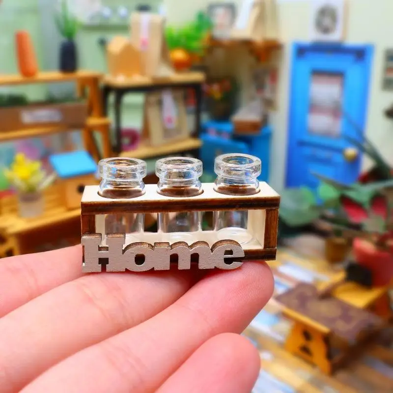 مزهرية زجاجية مدمجة للزهور، مقياس مصغر 1:12، حامل زهور خشبي للزراعة المائية، طقم ديكور للمنزل والحديقة