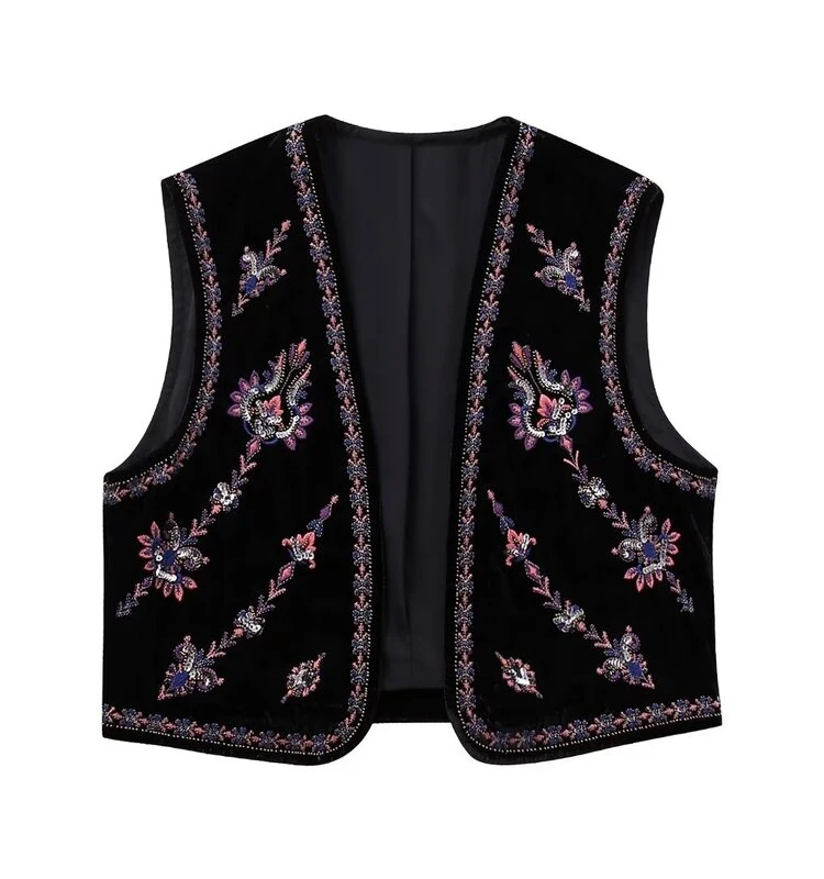 

2023 Autumn New Women's Slimming Versatile Embroidered Velvet ort Vest Beaded 6895232 Faionable Cact Size Ladies Vest