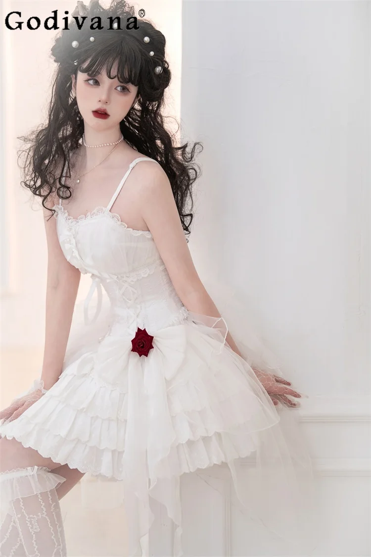 

Japanese Ruffled Edge Lace Rose Lolita Sling Dress Summer Fashion Girly Sweet Y2k High Waist Slim-Fit Elegant Mini Dress Women