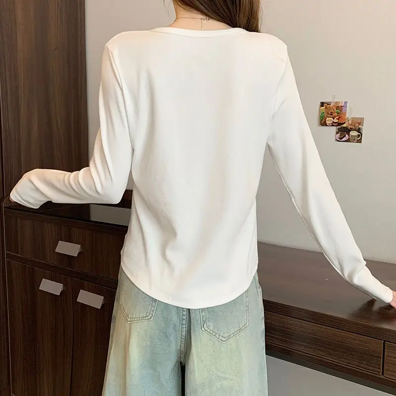 Women's Long Sleeve T Shirt Top Spring Cotton Slimming Boning Curved Hide Belly Base Layer Multi Match Clothing