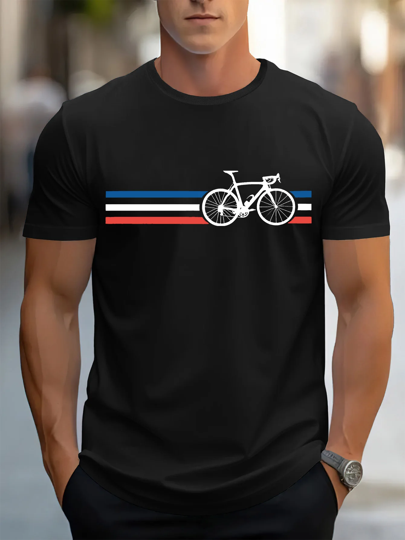 Men's summer 100% pure cotton casual fashionable loose bicycle pattern casual round neck short sleeved T-shirt versatile top