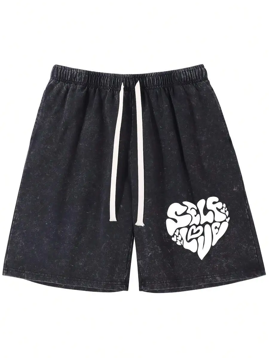 

Black Vintage-Washed Cotton Mens Shorts With White Self Love Heart Graphic, Elastic Waist And Drawstring