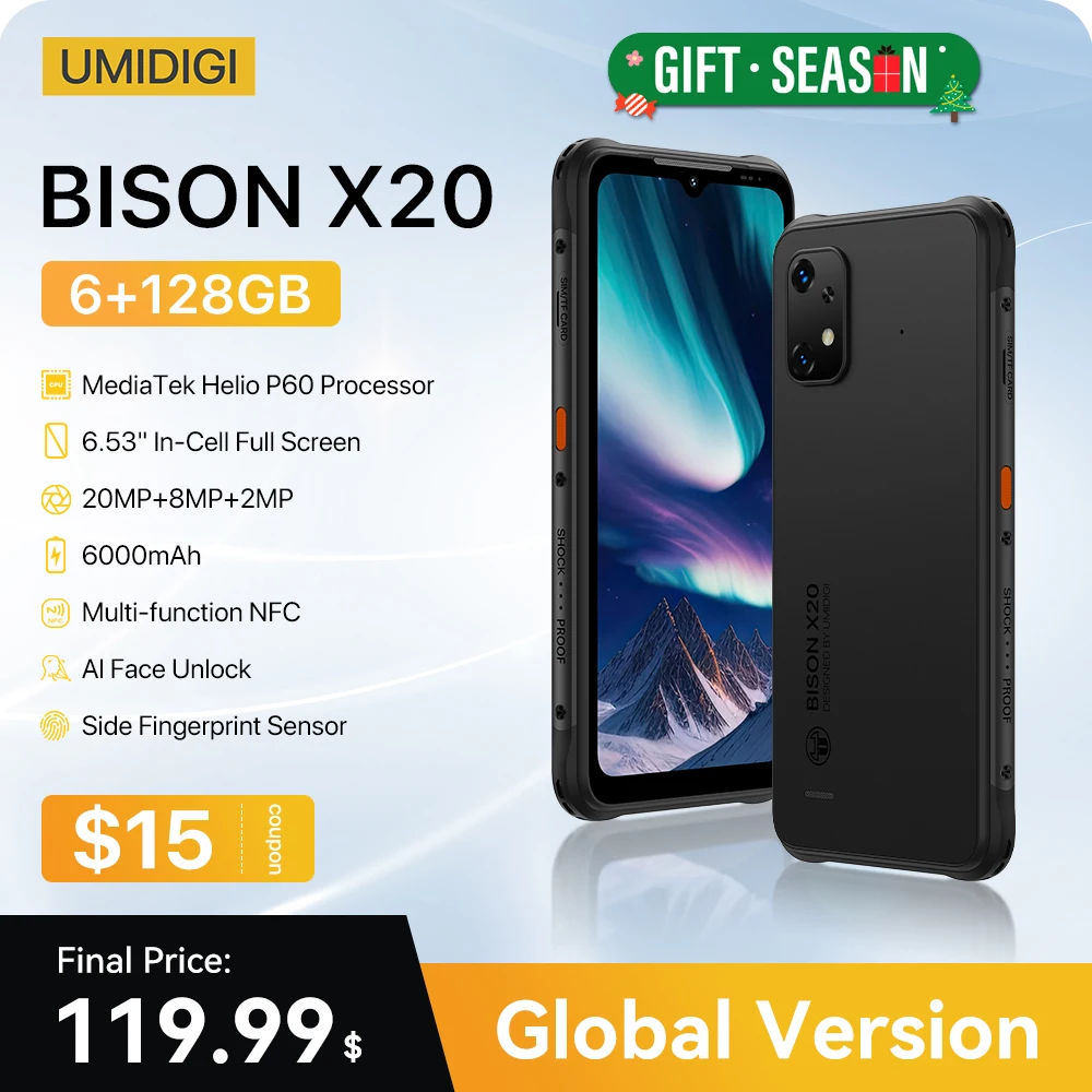 [Wereldpremière] UMIDIGI BISON X20 Robuuste smartphone MTK Helio P60 Octa-Core 6GB 128GB 6.53" HD Android 13 6000mAh Batterij NFC