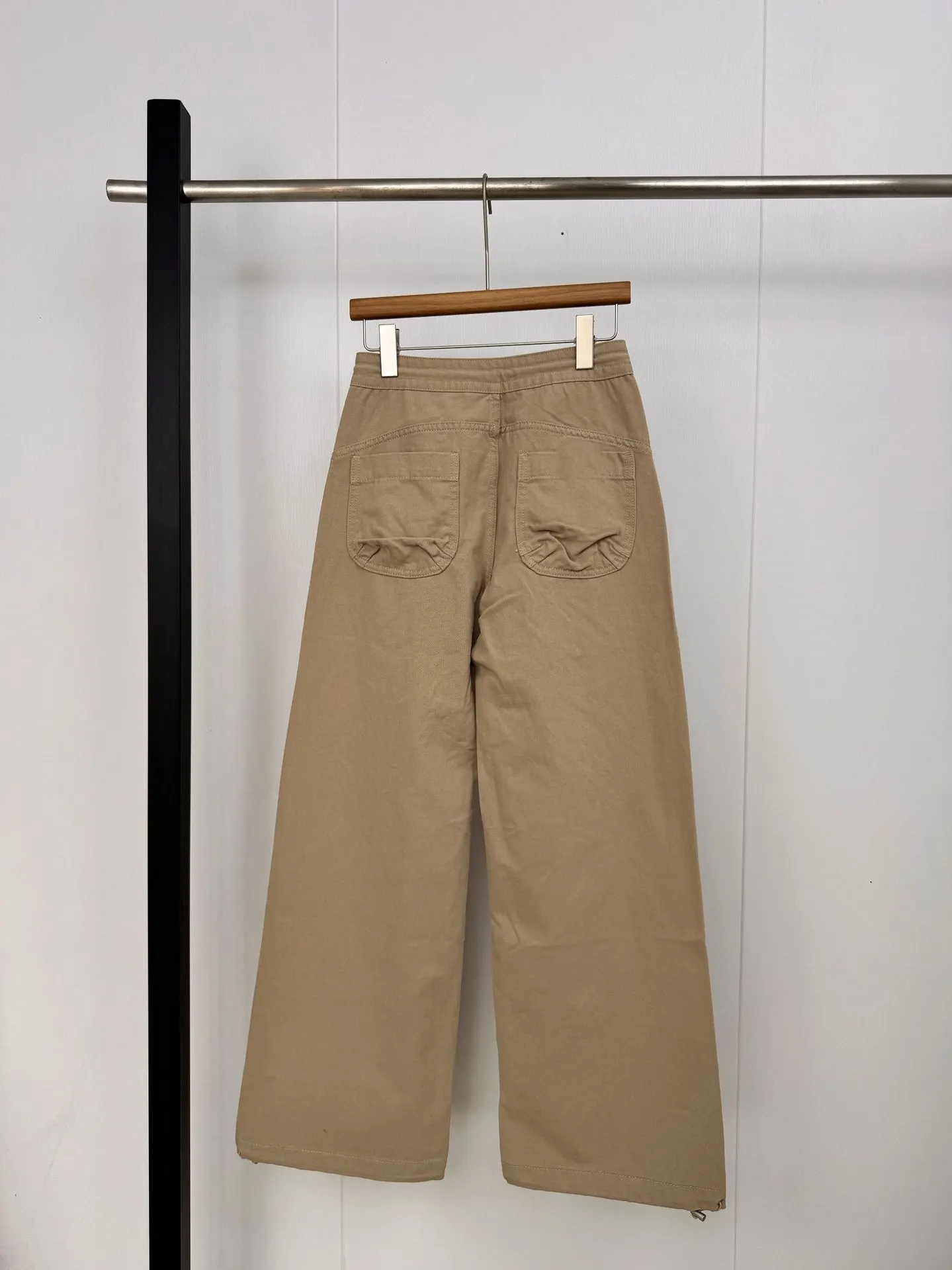 Retro American Work Pants Women's Loose Wide Leg Drawstring Design Casual Trousers High Waist Pure Color Micro Stretch