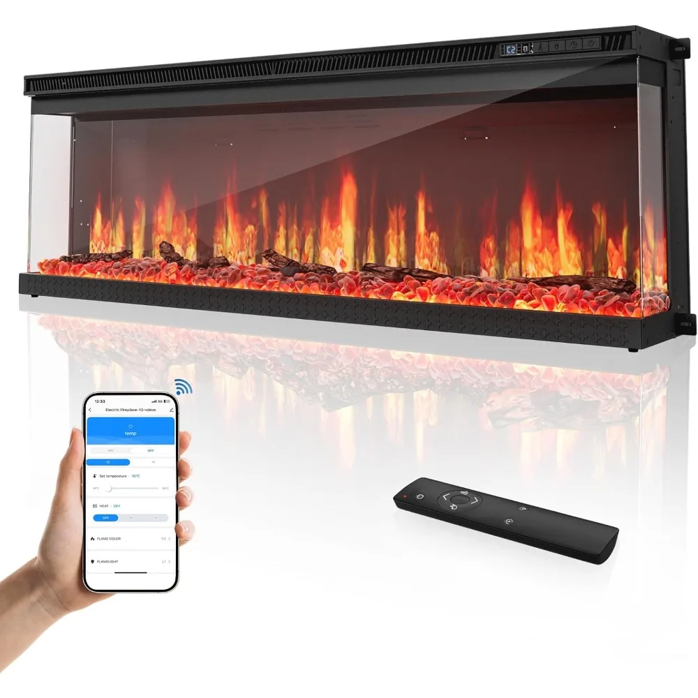 Chimenea eléctrica de montaje en pared de 3 caras de 50 pulgadas, diseño empotrado y incorporado con Wi-Fi/remoto, calentador de 1500 W, 12 colores de llama