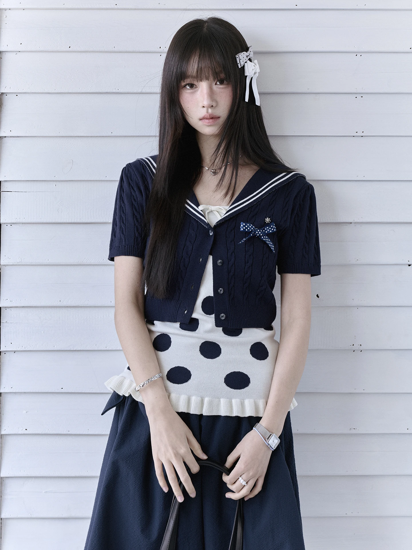 

GengDouWuJia Star Series Polka Dot Knitted Cardigan And Halter Dress Set in Black And White with Navy Collar Summer 2026
