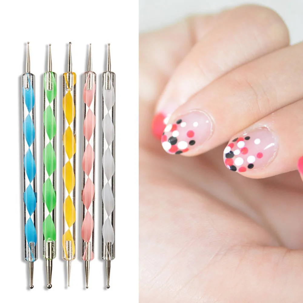 ELIN-Lot de 5 stylos à ongles pour Nail Art, outil de pointage, disponible, extrémité à bille en métal, pour Studio Life, 03/Double-End