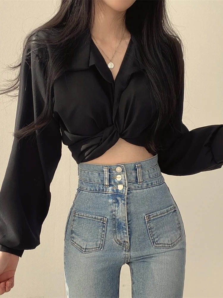 Women Sexy Slim Thin Blouse Korean Chic Casual Crop Shirt Tops Female Summer Back Lace-up Bow Design Long Sleeve Short Shirt