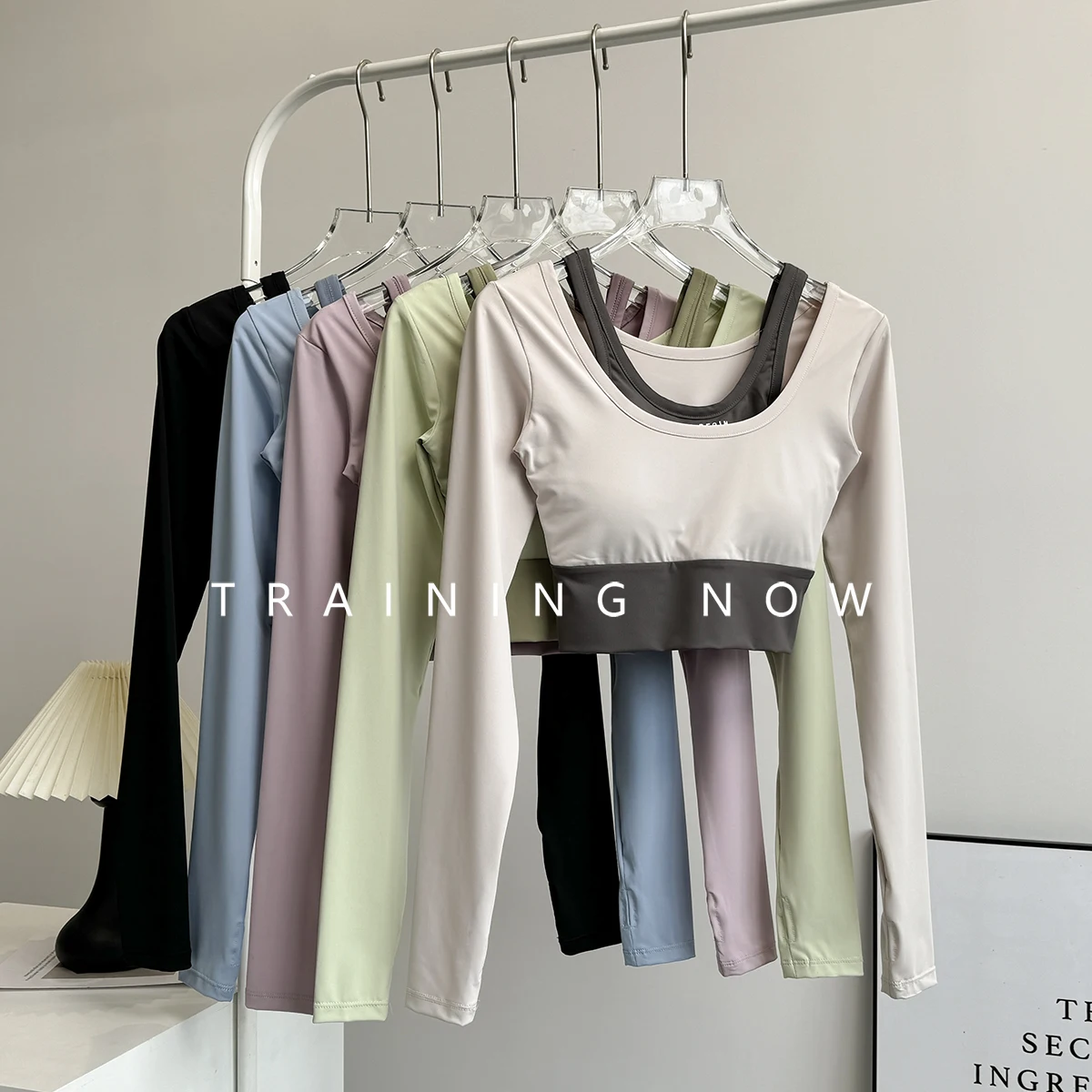 

Fitness long sleeves for women with chest pads for fitness two-piece fashion color pilates yoga suit morning jogging sports top