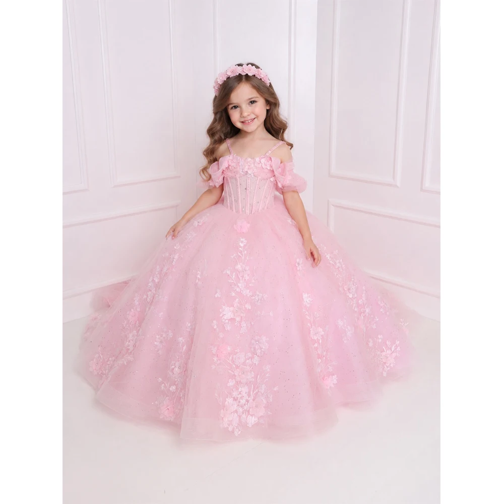 

Pink Girl Princess Dress Puffy Girl Dresses Spaghetti Strap Off the Shoulder Short Sleeve Birthday Dress Luxury Kids