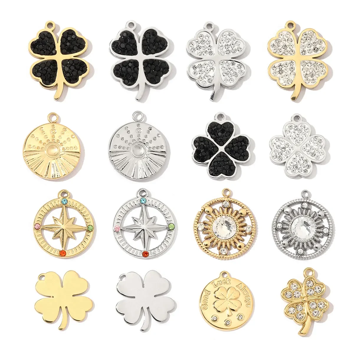 3pcs/Lot Trendy Stainless Steel Crystal Clover Four-leaf Lucky Charms Compass Ancient Coins Necklace DIY Small Pendant