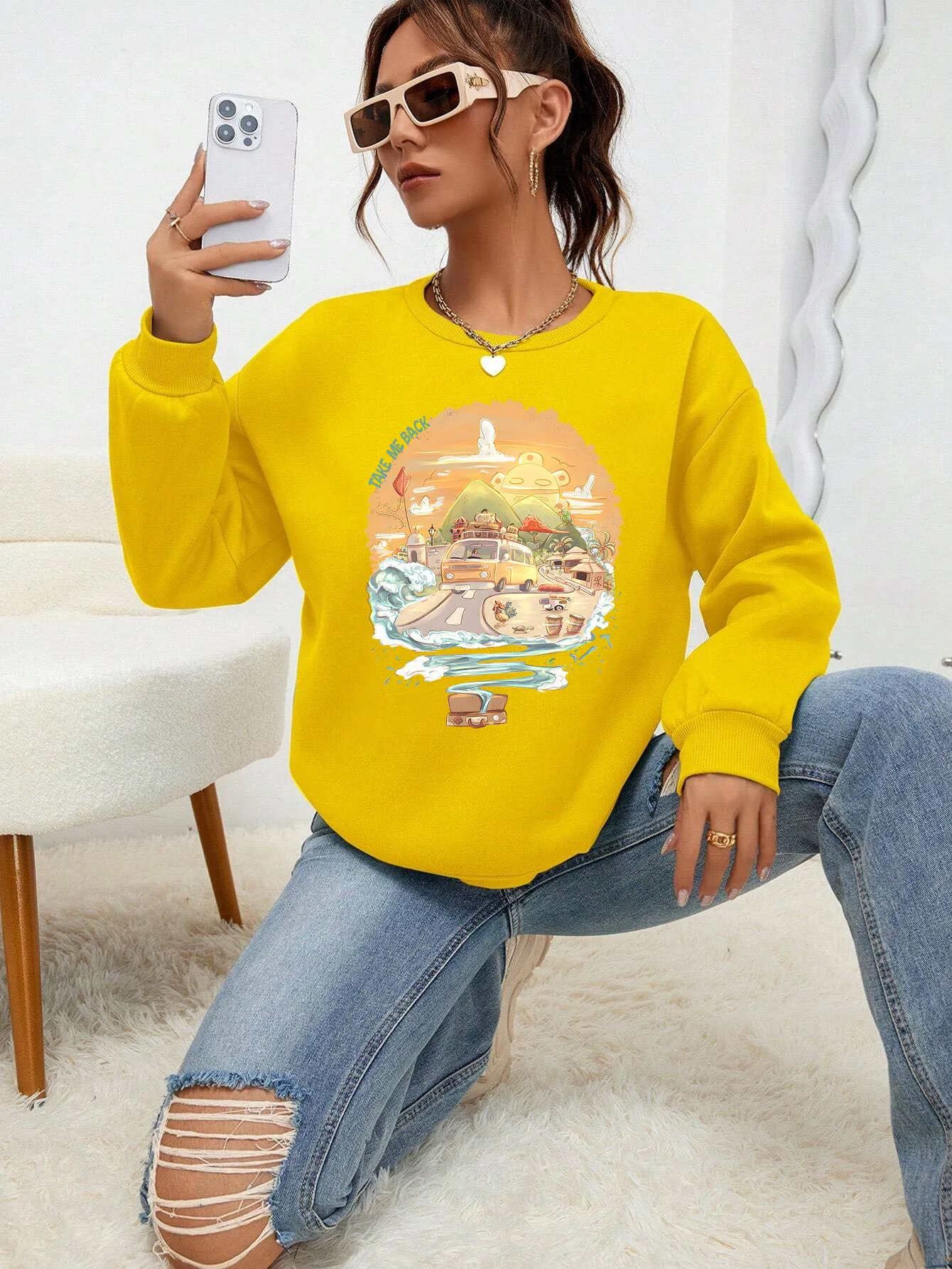 

Bus Heading Home On The Town Road At Sunset Printed Hoodie Womens Creative Soft Streetwear Comfortable Fleece Female Sweatshirt