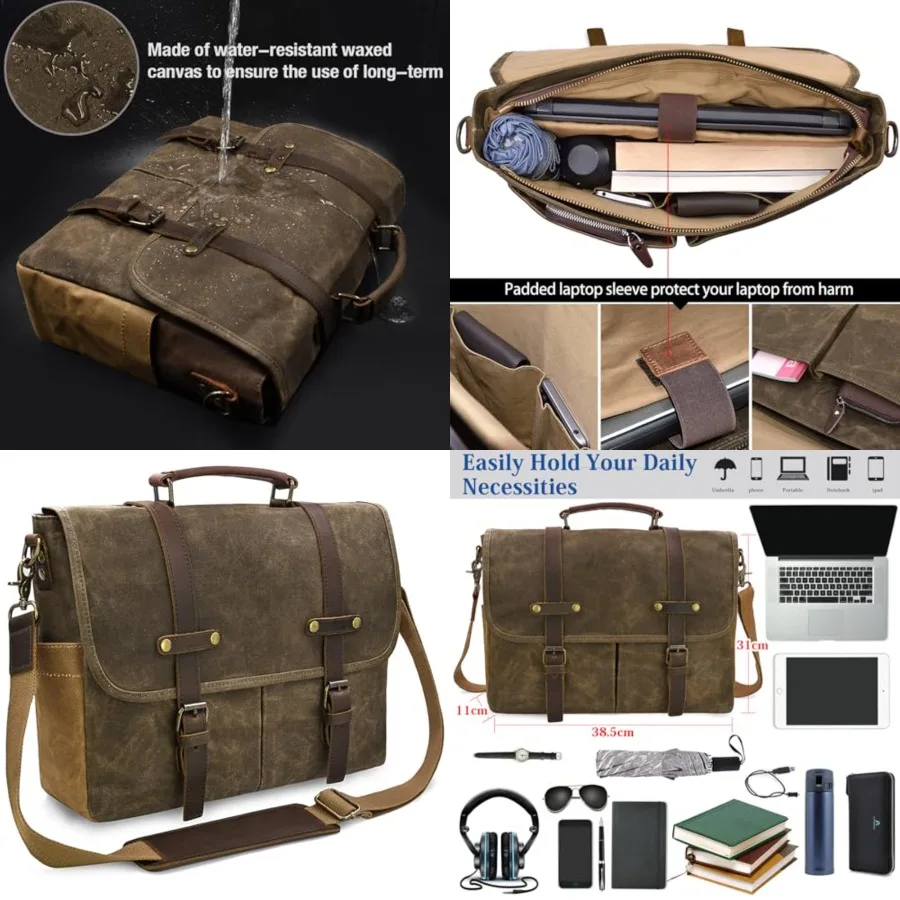 

Mens Messenger Bag 15.6 Inch Waterproof Vintage Genuine Leather Waxed Canvas Briefcase Large Leather Computer Laptop Bag Rugged