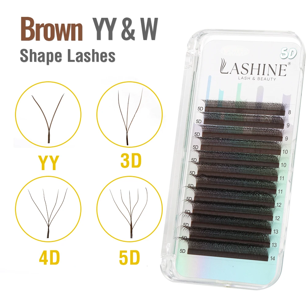Pestañas postizas LASHINE Brown YY/3D/4D/5D en forma de W, efecto visón, extensiones de pestañas de volumen natural suave, rizo D/M MIX (8-14mm)0