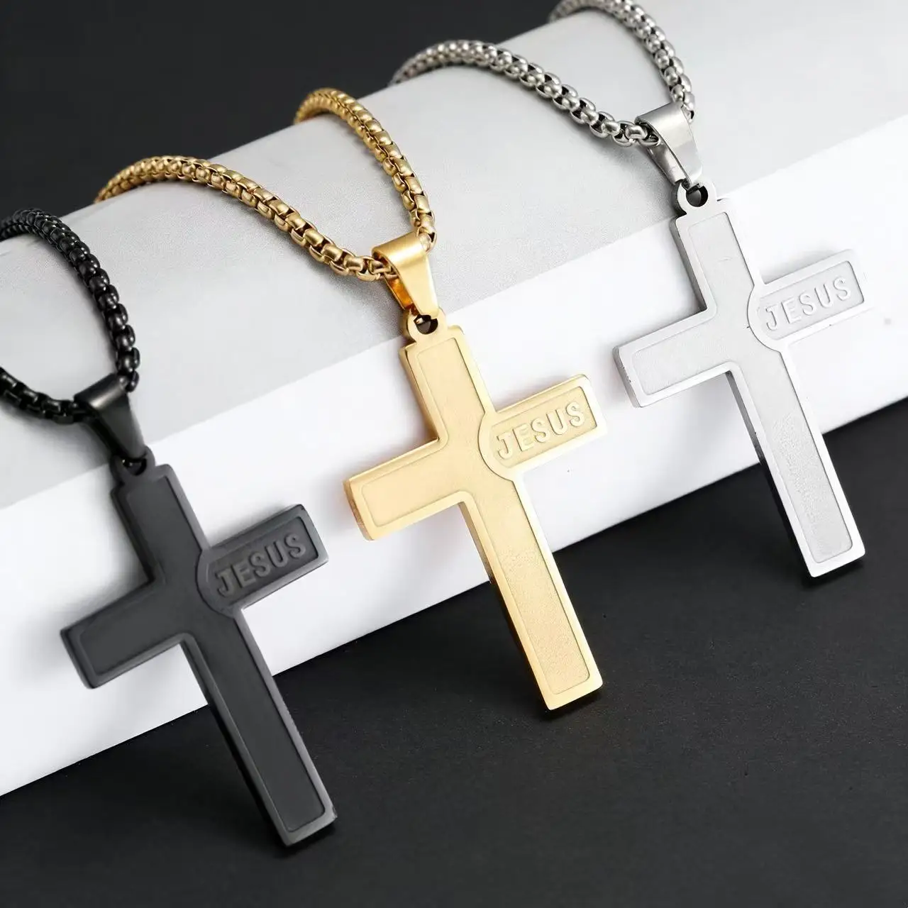 

40MM*25MM Small Christ Jesus Cross Stainless Steel Pendant Necklace For Men Women Jewelry Accessories