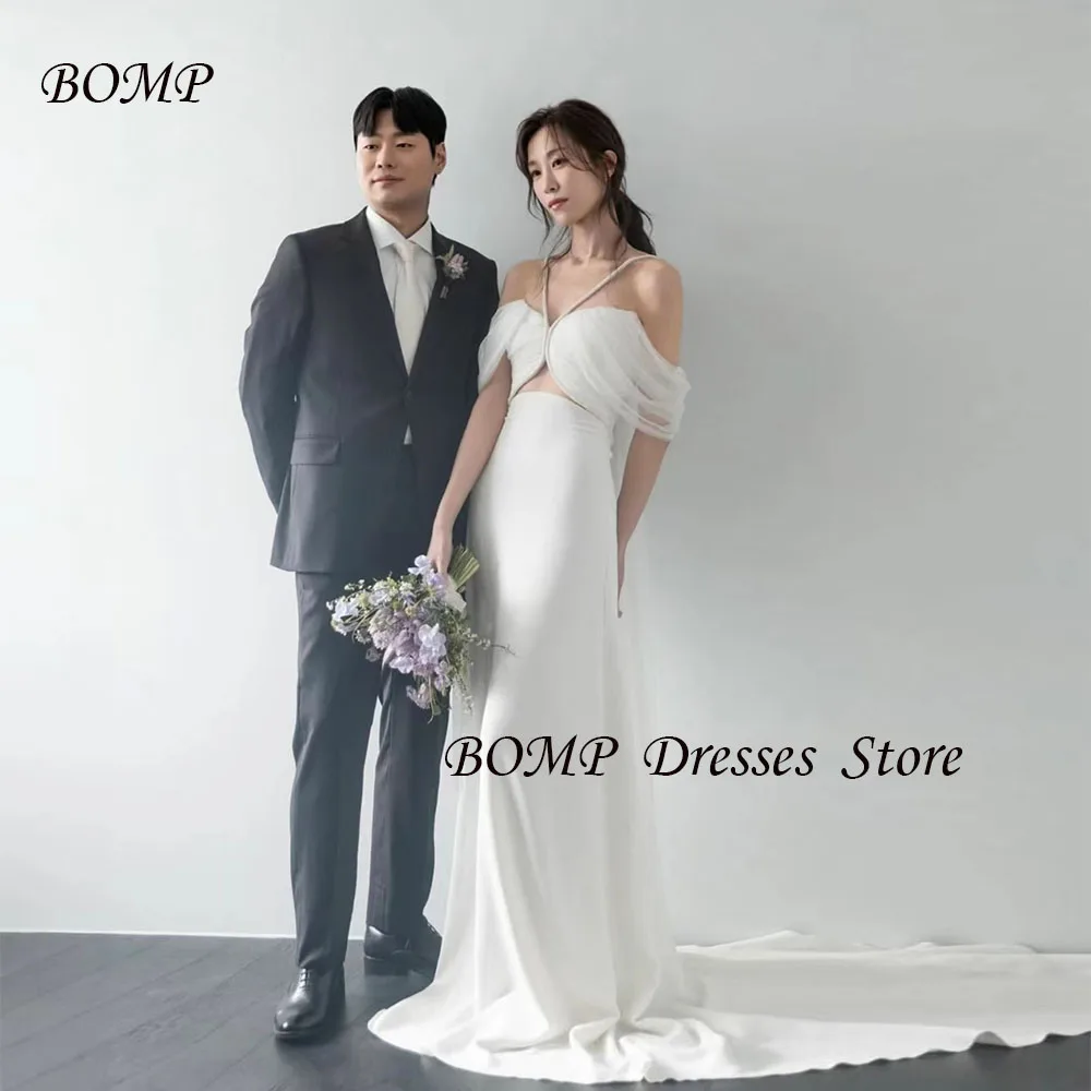 

BOMP Elegant Mermaid Wedding Party Dress Off Shoulder Sweep Train Ivory Satin Korea Photo Shoot Bridal Reception Gown Customized
