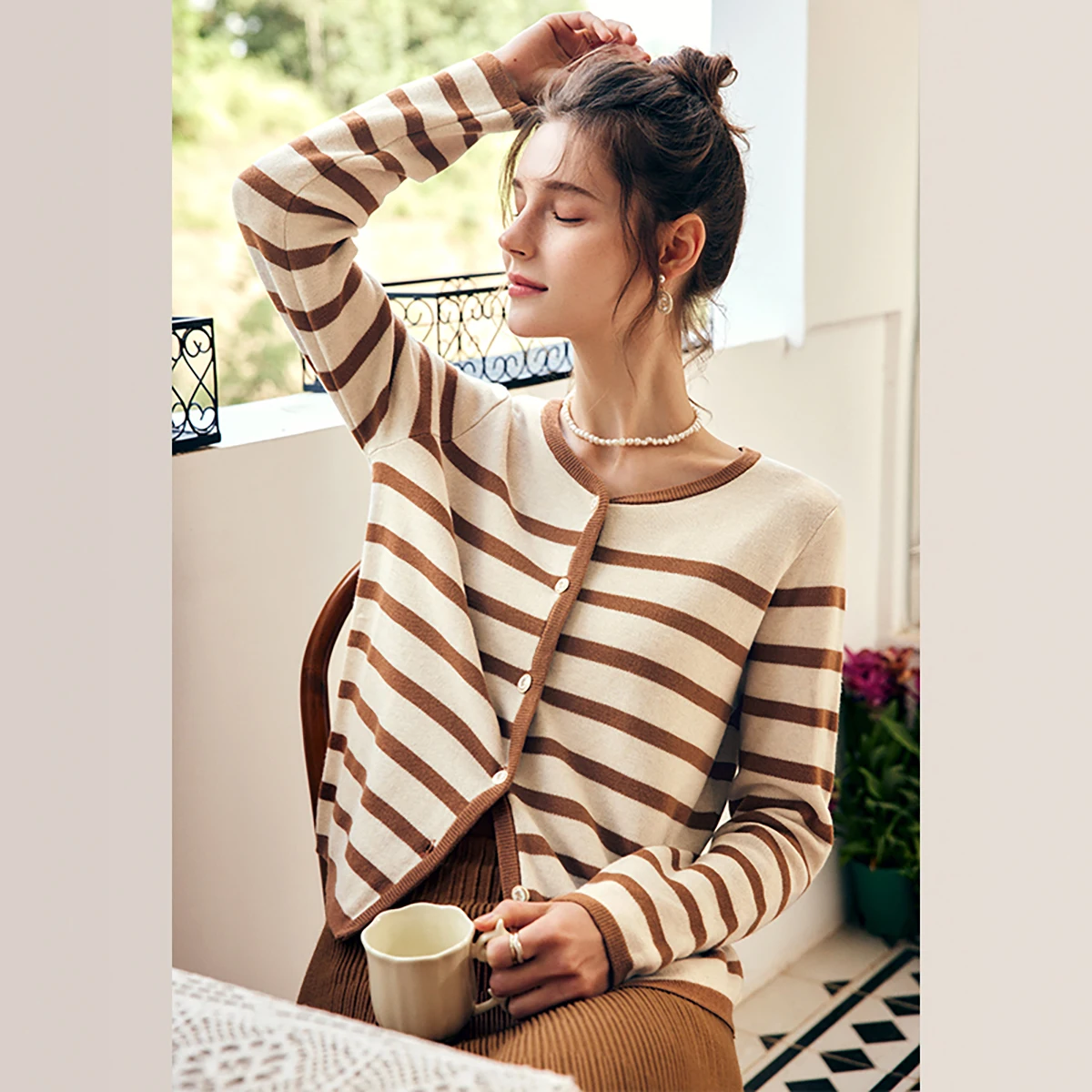 Olrain listrado malha cardigan mulher manga longa topos 2025 outono inverno malhas feminino cor-bloco camisola jaqueta o22qm63669