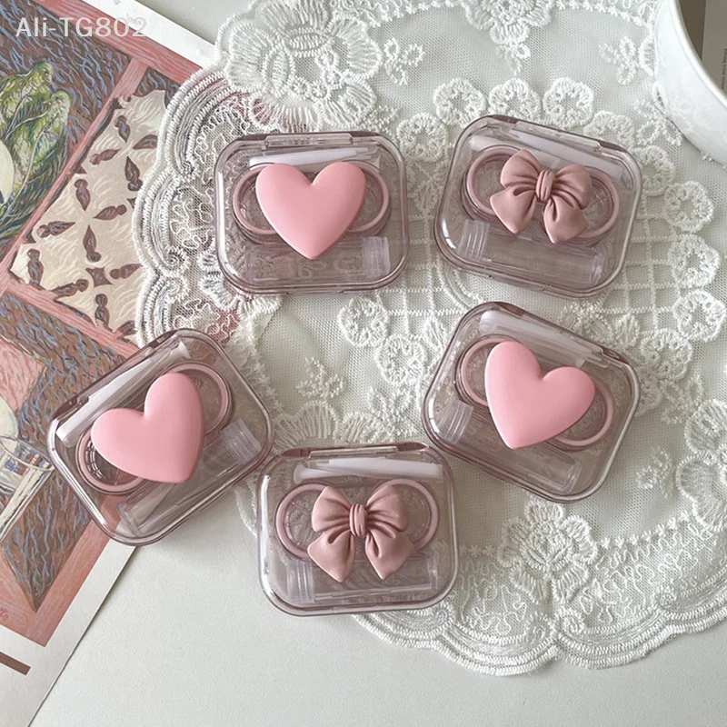 Contact Lens Cases Pink Transparent Love Bow Contact Lens Case Girl Portable Beauty Pupil Box Storage Eye Care Container Box