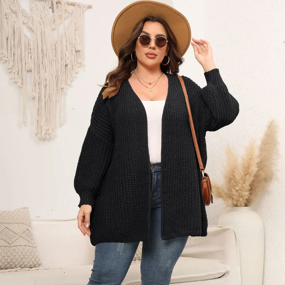 Plus Size Dames Gebreide Trui Open Stitch Oversized Winterkleding voor Dames Eenvoudig Los Mode Herfst Zwart Grijs Kaki