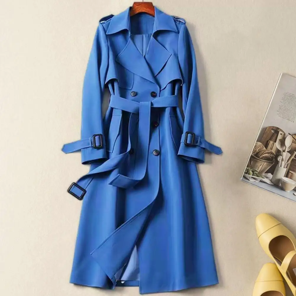 

Mid-length Jacket Stylish Women's Double-breasted Windbreaker with Belt Decor Pockets Chic Mid Length Overcoat for Windproof