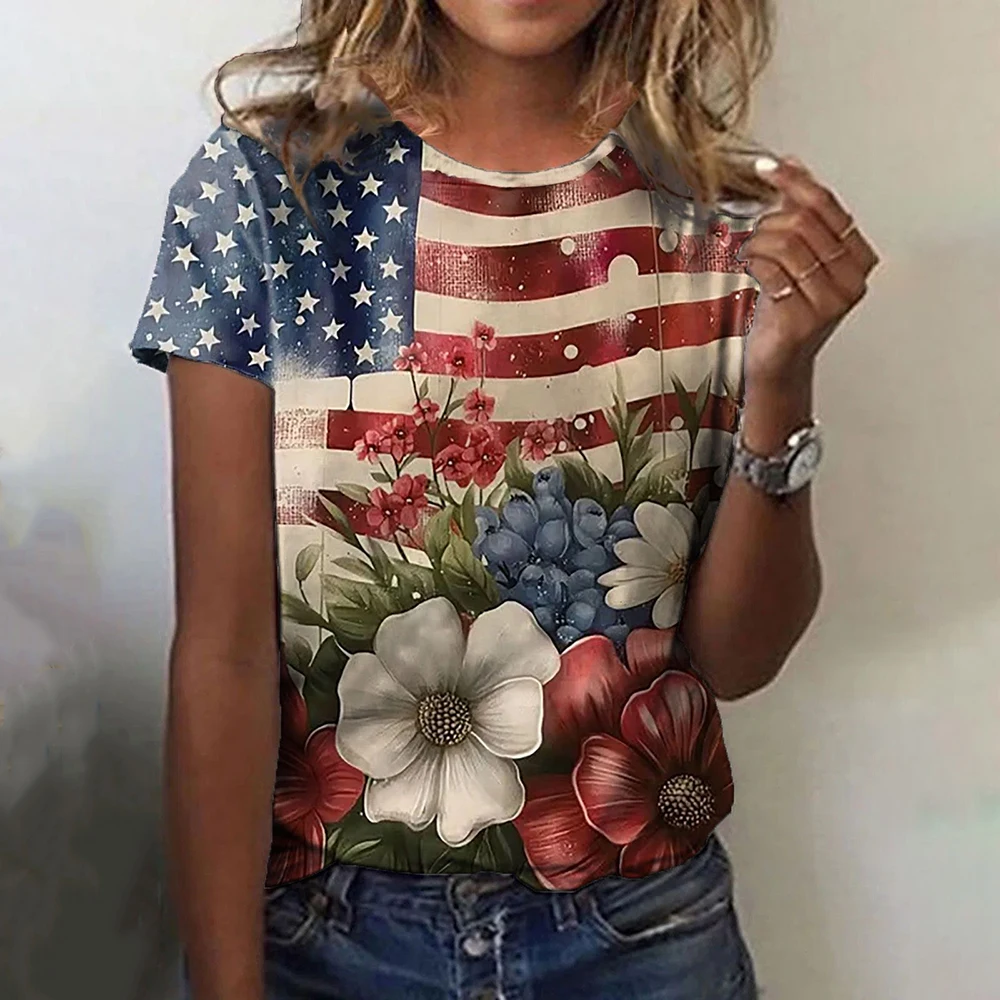 United States Flag Print Women's T-shirts Flower Pattern Short Sleeves T shirt Summer Fashion O-neck Loose Women Clothing Tops