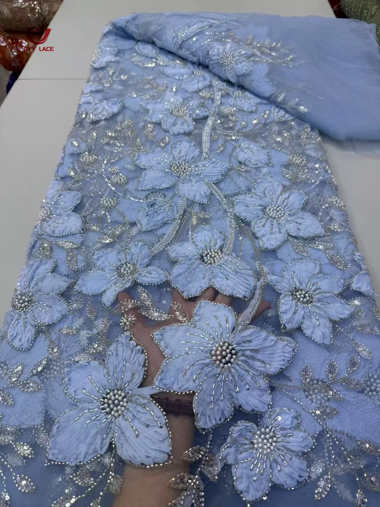 

2025 African 3D Lace Fabric Embroidery French Mesh Lace Fabric With Sequins Beads Nigerian Tulle Lace For Party 5 Yards