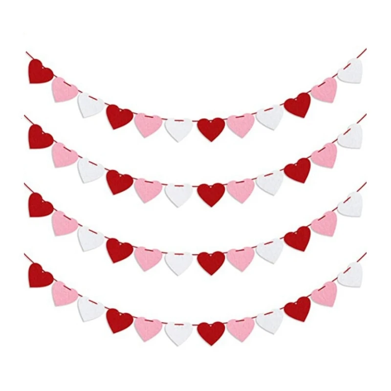 3pcs Red Hearts Felt Garland Banner Pull Flowers Valentine Wedding Birthday Party Decor Supplies Wedding Photo Props